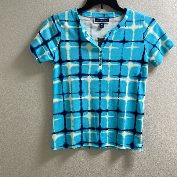 Karen Scott V-neck Front 4 buttons Short Sleeve Top Blue Navy White Stripes - Picture 2 of 13